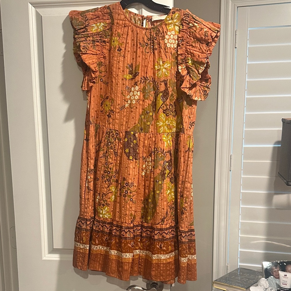 Ulla Johnson Burnt Orange Floral Flutter-Sleeve Mini Dress